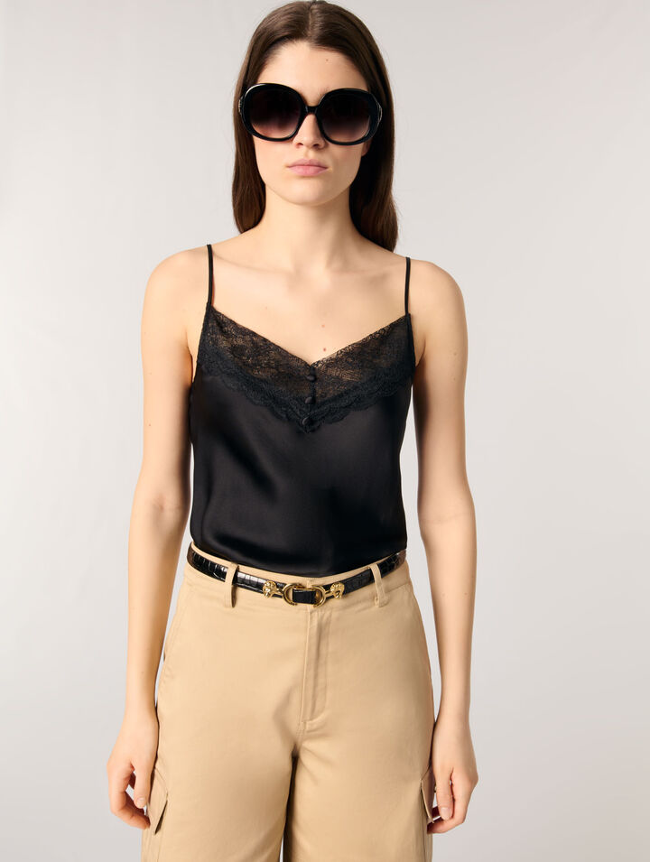 Silk satin and lace slip top
