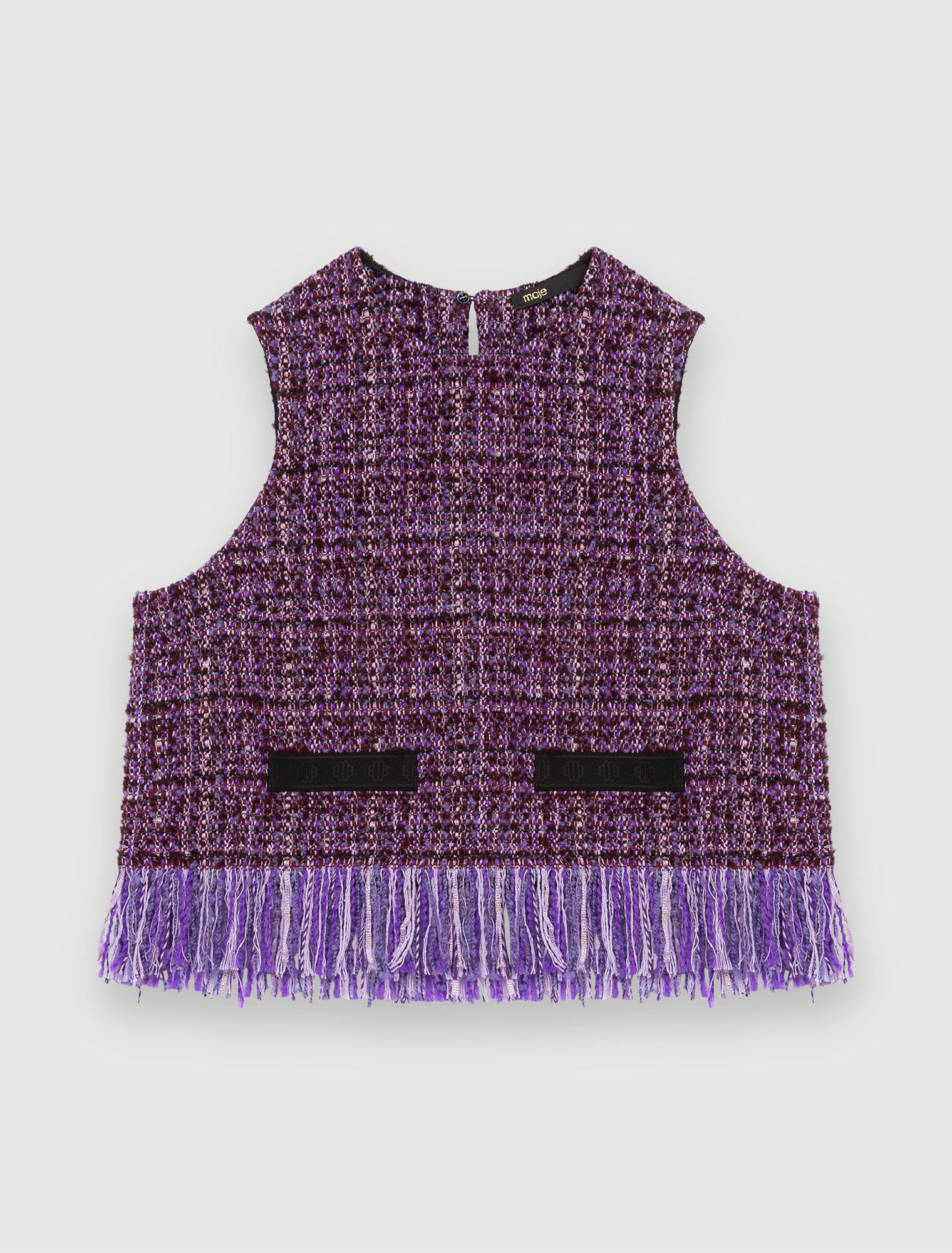 Purple tweed sleeveless fringed top