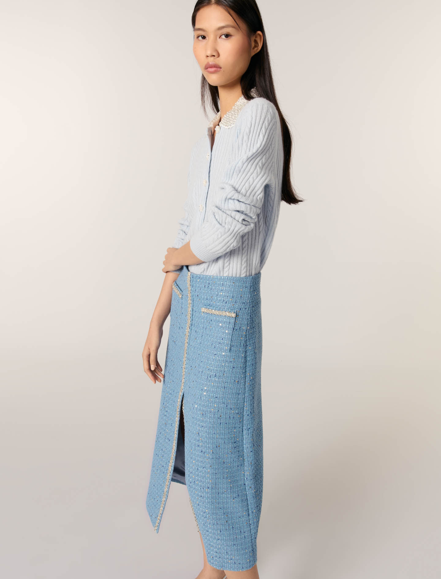 Sequin tweed midi skirt Blue For Women | Maje