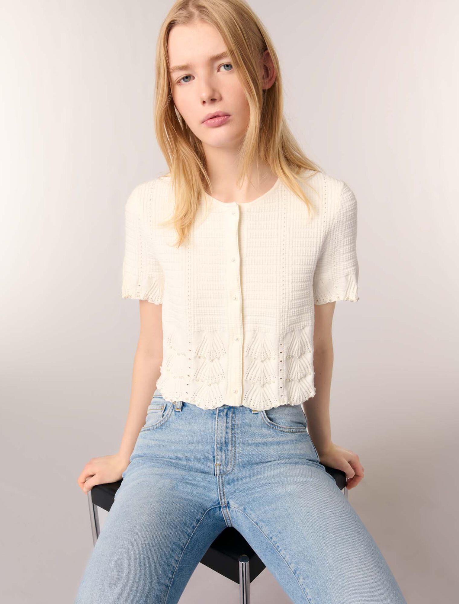 Pointelle knit short sleeve cardigan
