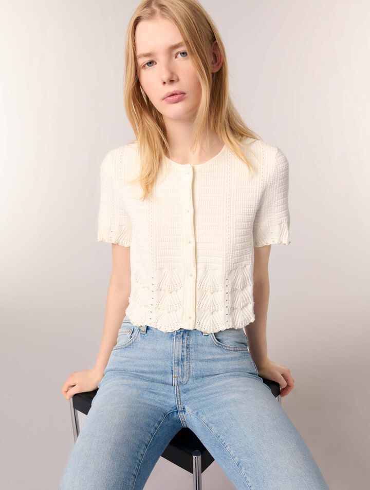 Pointelle knit short sleeve cardigan
