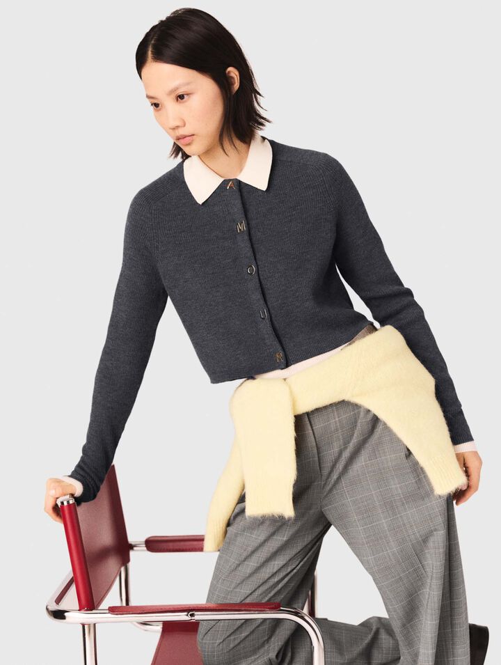 Round-neck rib knit cardigan