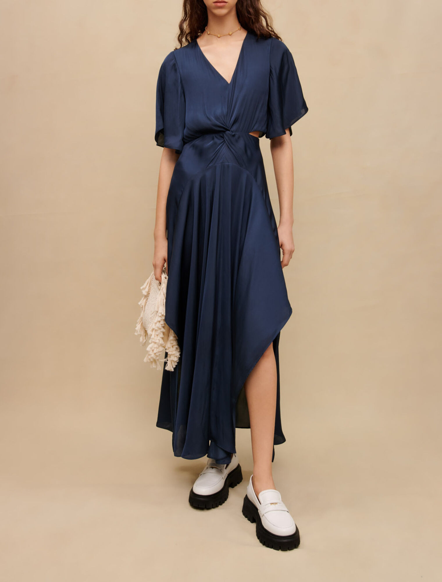 Flowing satin scarf dress