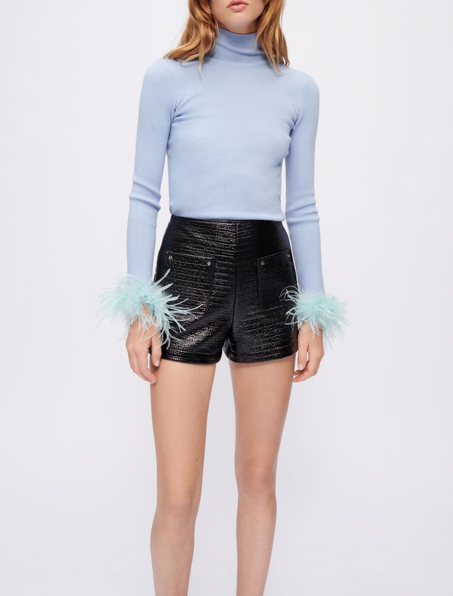 Turtleneck pullover with feathered cuffs