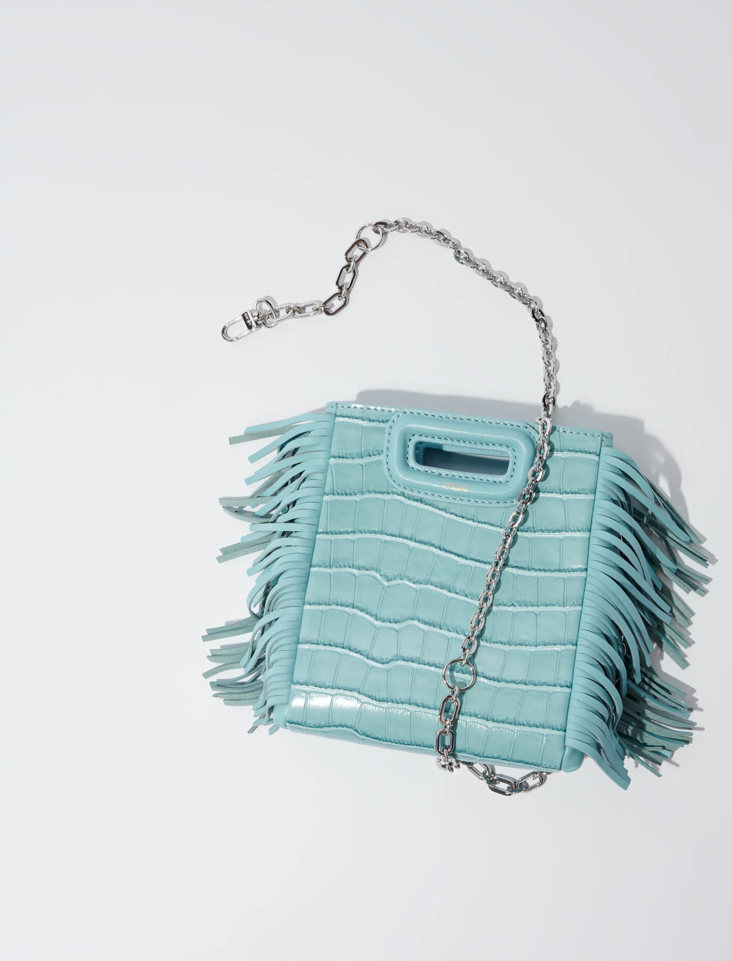 【MAJE】フリンジ付きクロコ型押しパテント ミニMバッグ Mini embossed-leather M bag with chain