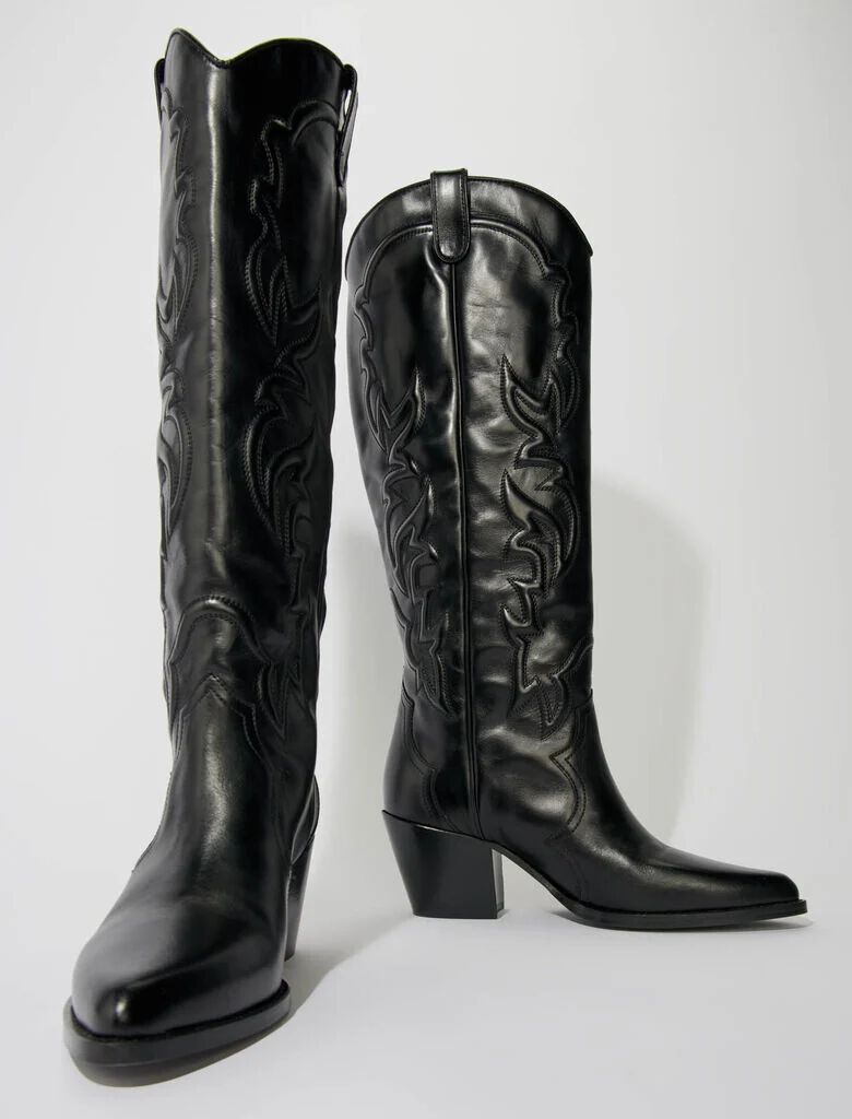 Maje Fara Pointed Toe Western Style Block Heel Boots Black