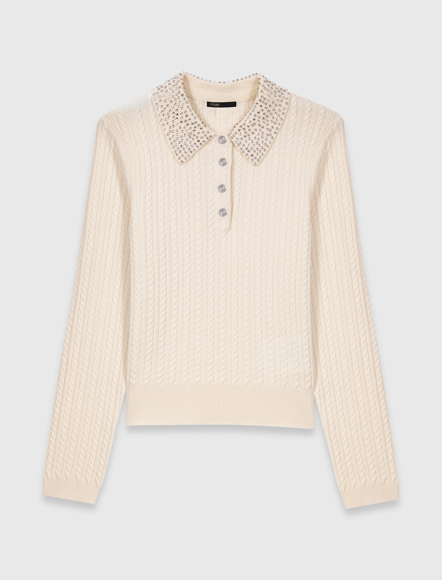 Knit polo shirt with rhinestone collar White For Women | Maje