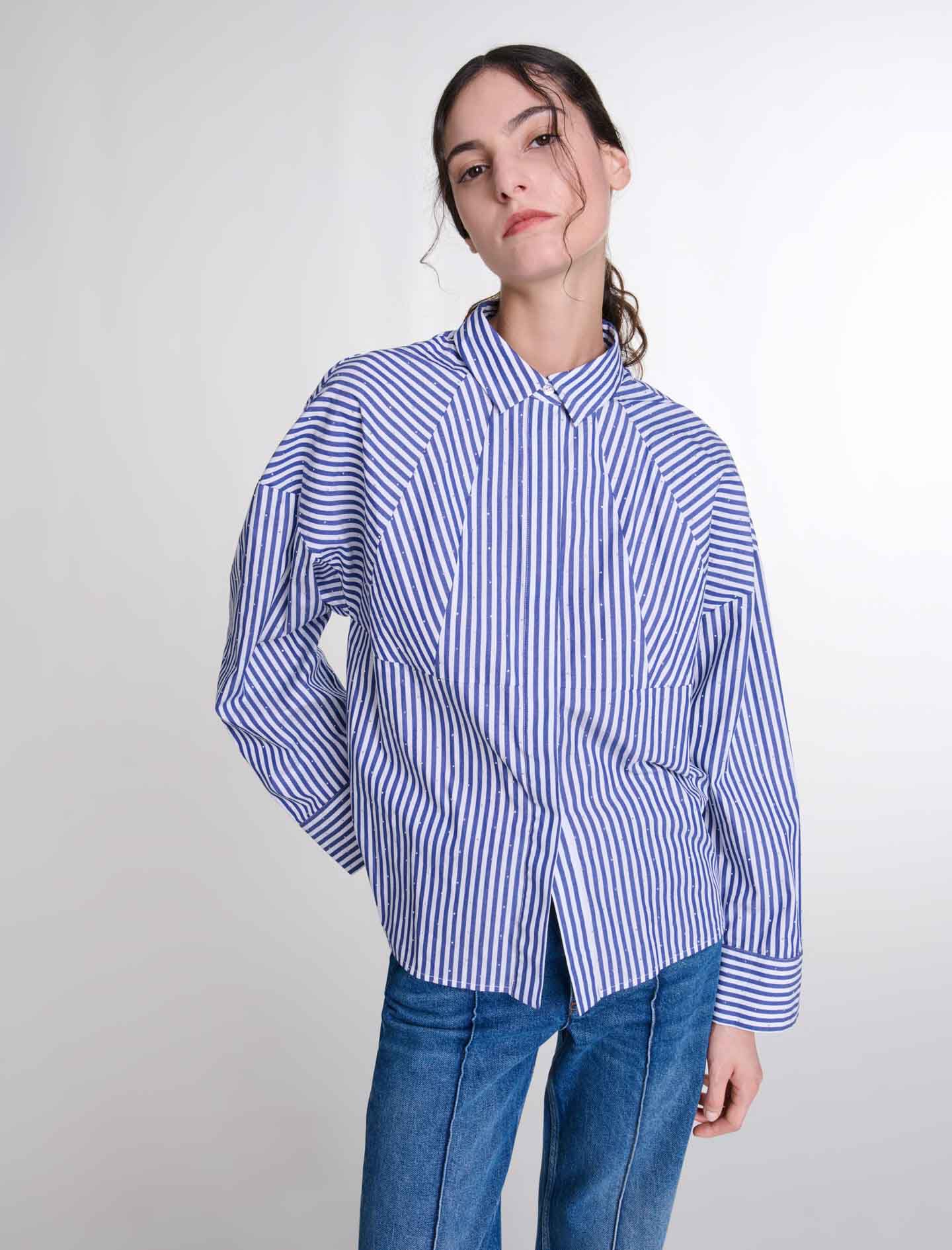 ★2021SS新作★Dunst★TAPING BLUE STRIPED SHIRT BLUE STRIPE Rhinestone striped shirt