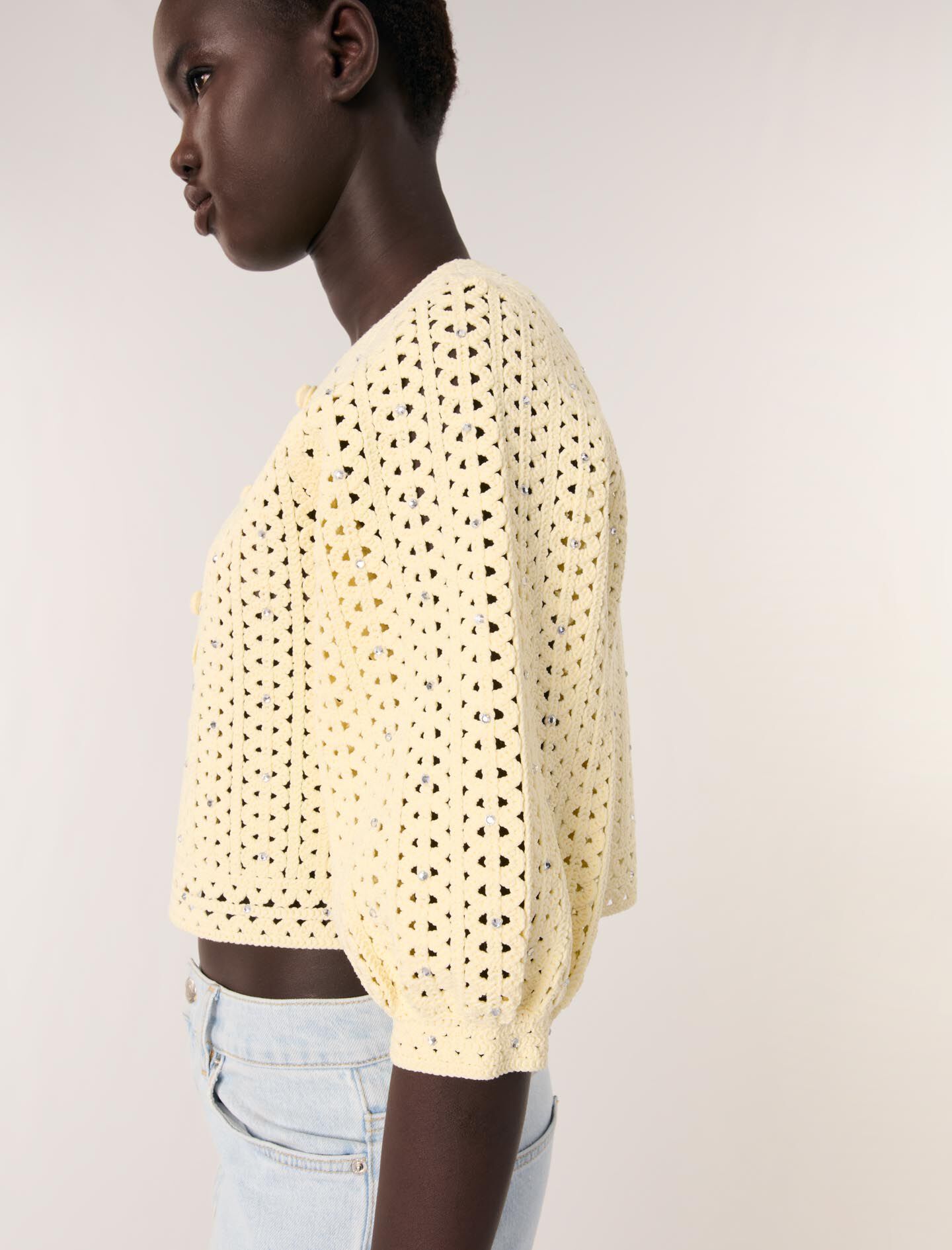 Cropped rhinestone crochet cardigan Yellow / Orange For