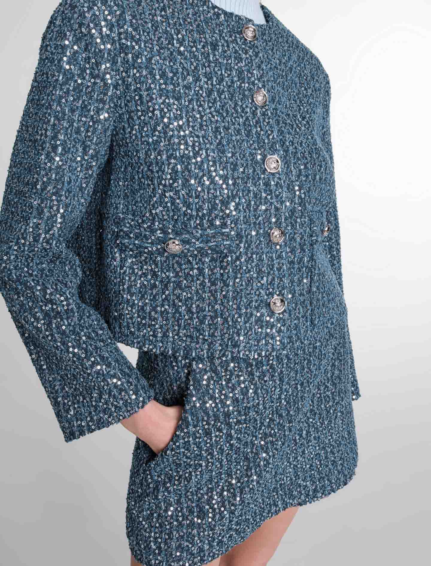 Belted shiny tweed jacket Black / Gray For Women | Maje