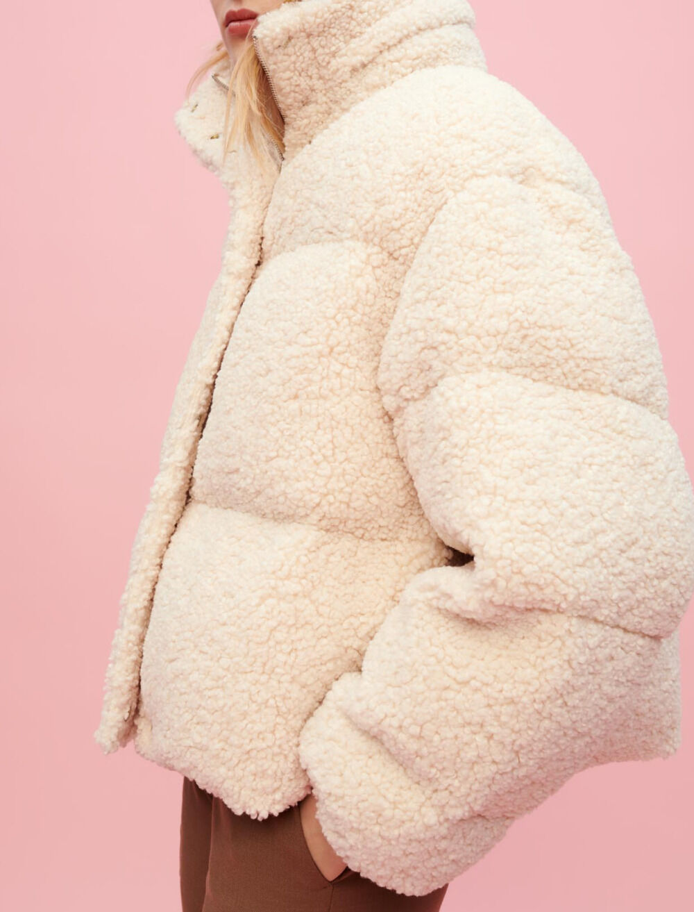 Ecru faux fur down jacket