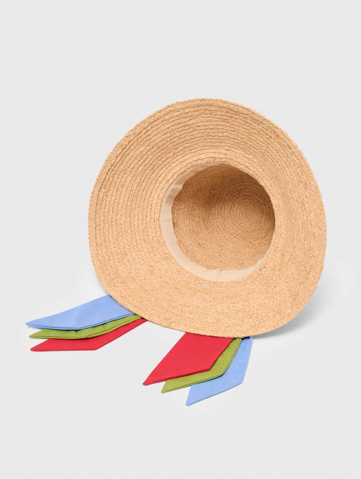 Raffia hat with printed ribbon