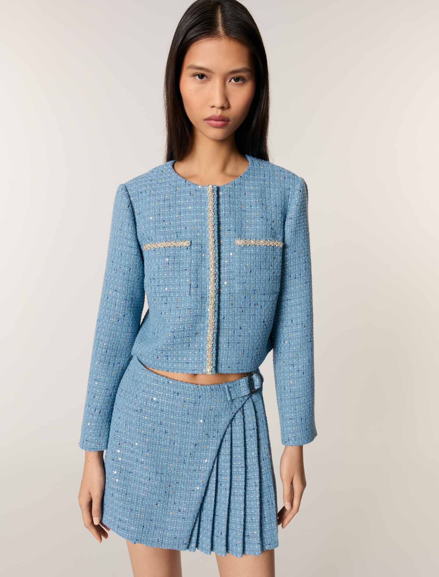 Short sequin tweed jacket Blue For Women | Maje