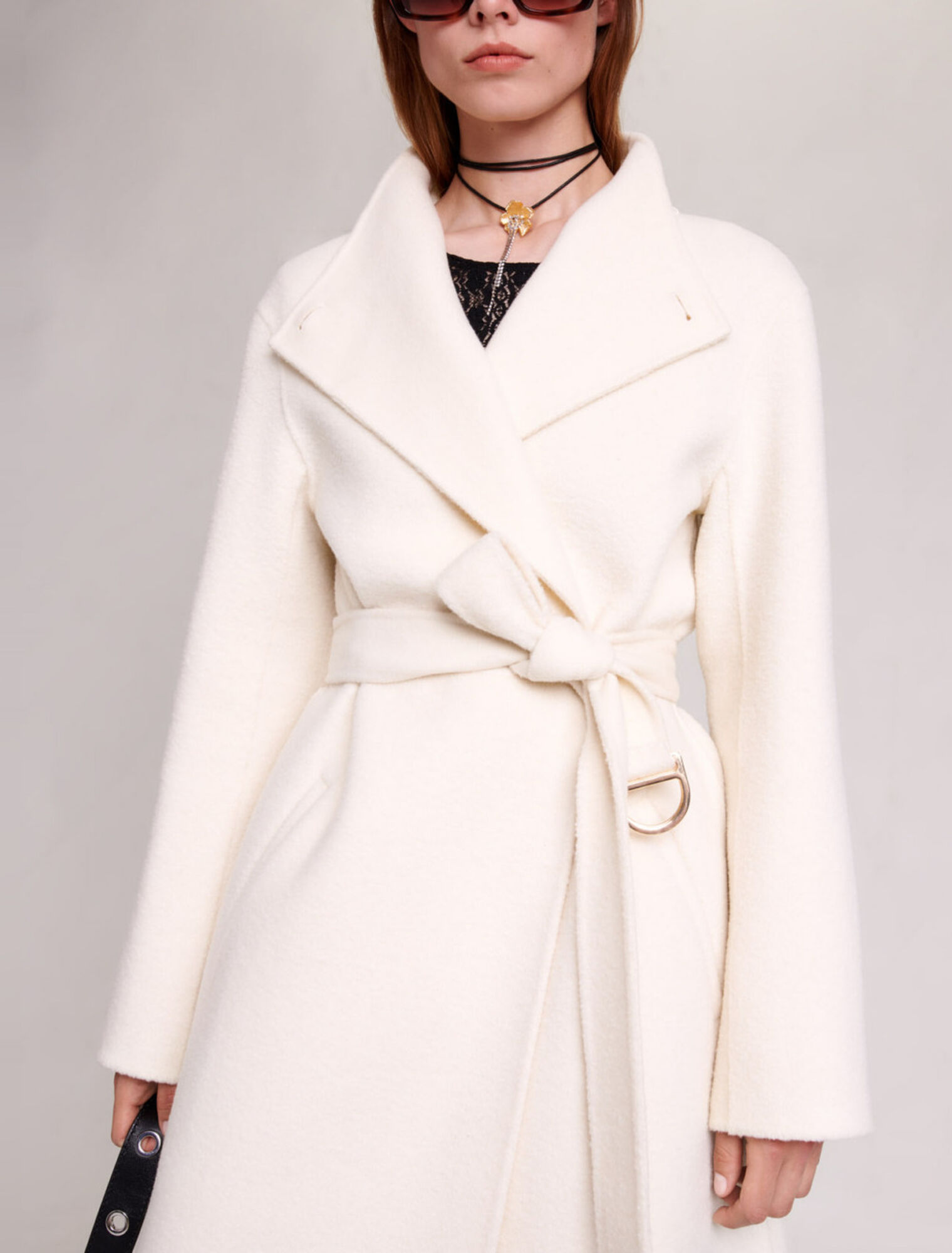 Mid-length coat with tie fastening
