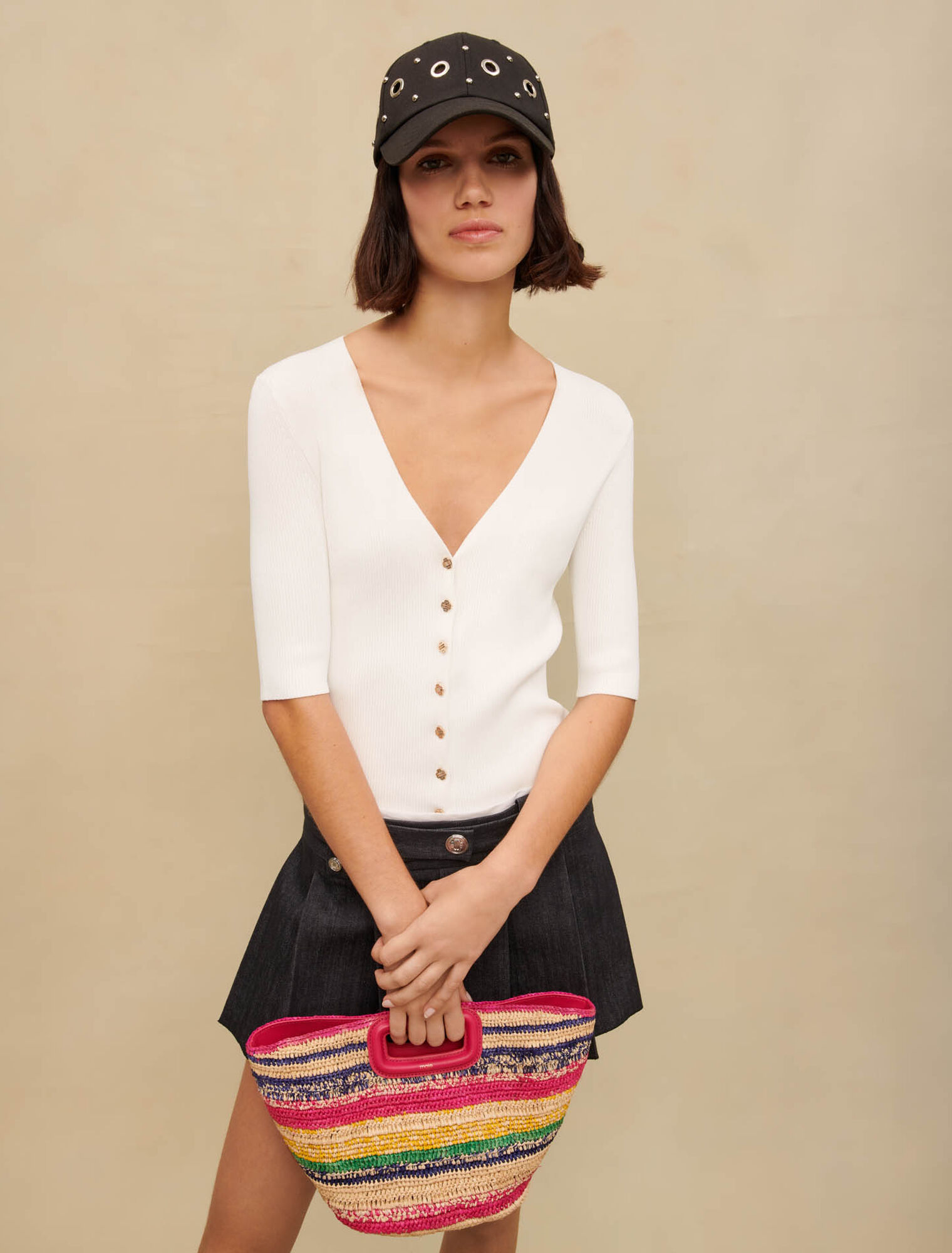 White ribbed V-neck top