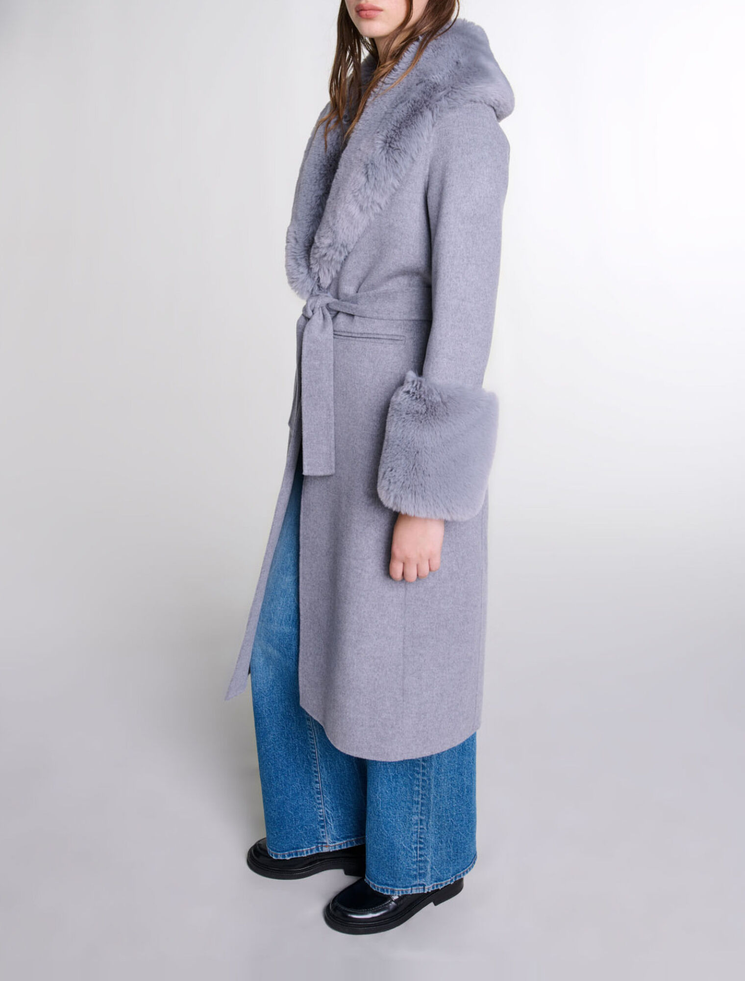Long coat with faux fur collar