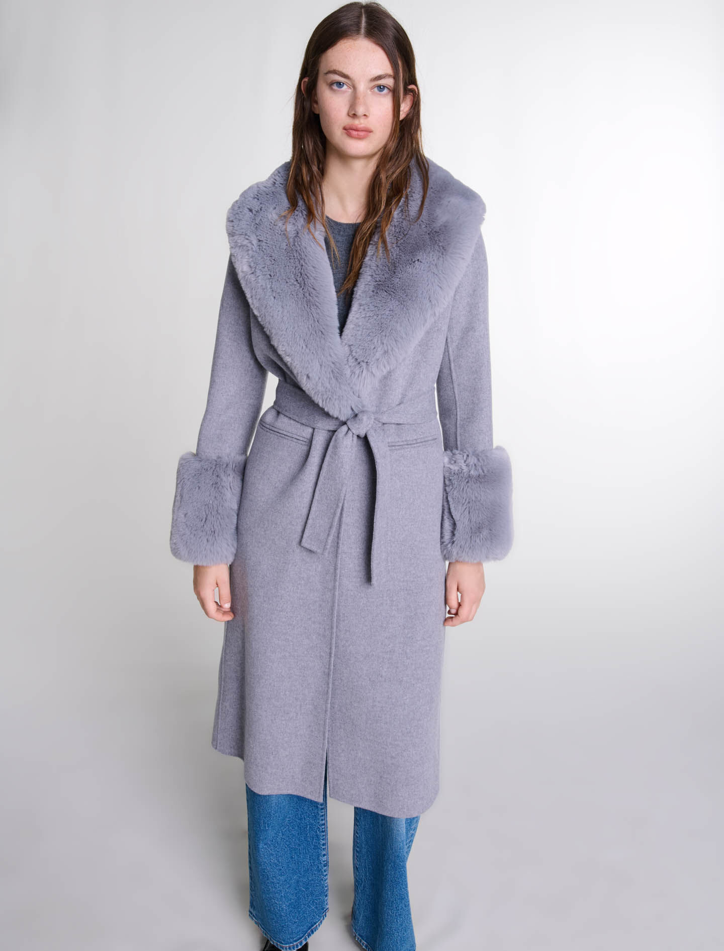 Long coat with faux fur collar