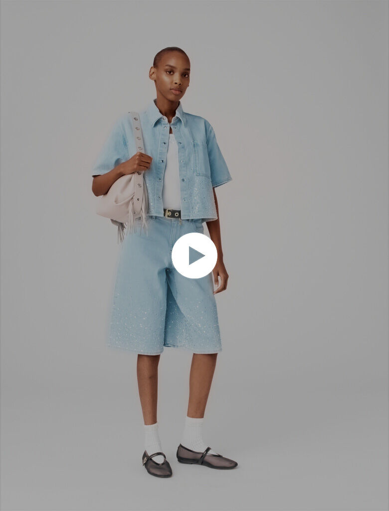 Cropped rhinestone denim shirt Blue For Women | Maje