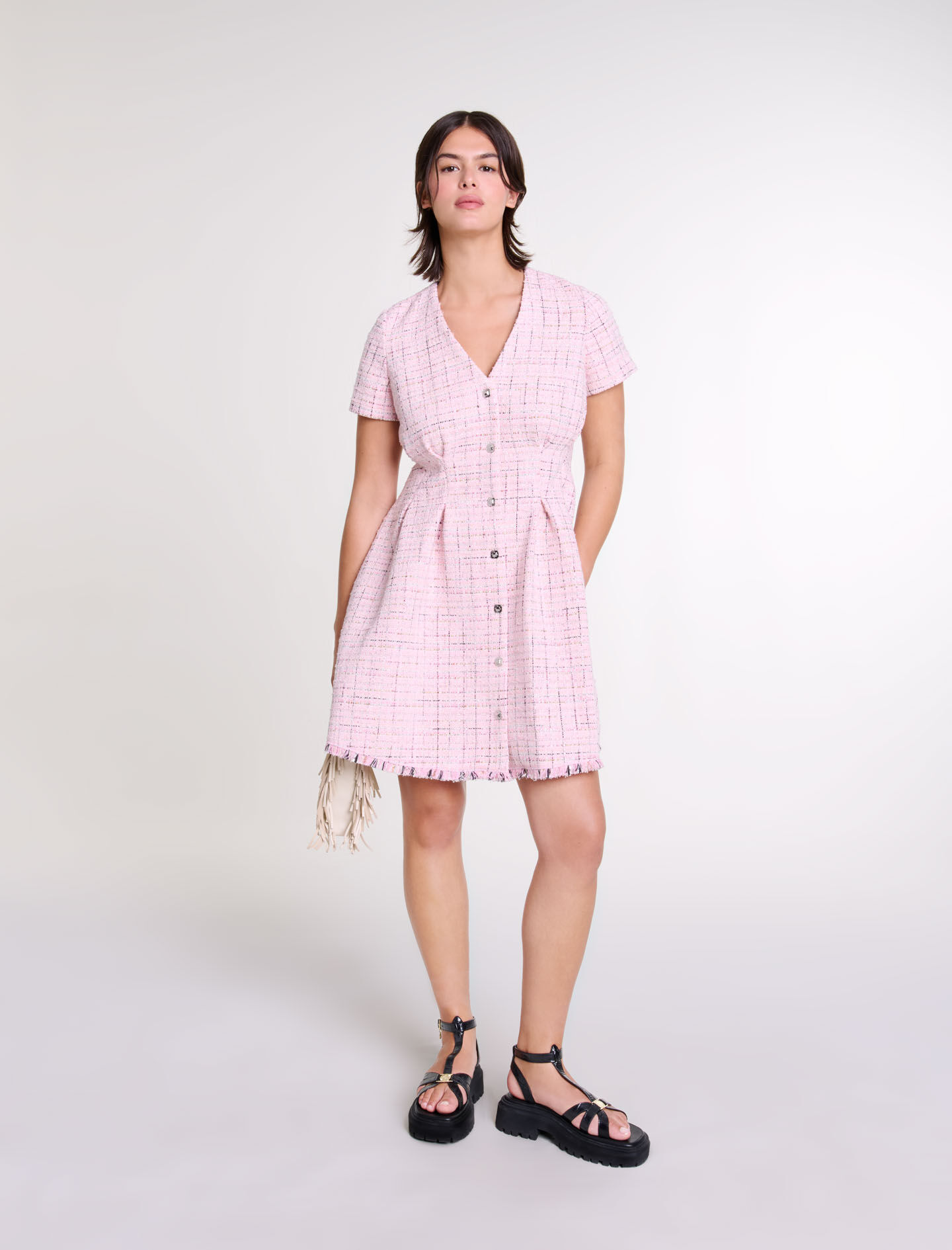 美品  dress babydoll Tweed Pink Maje | Women For ワンピース