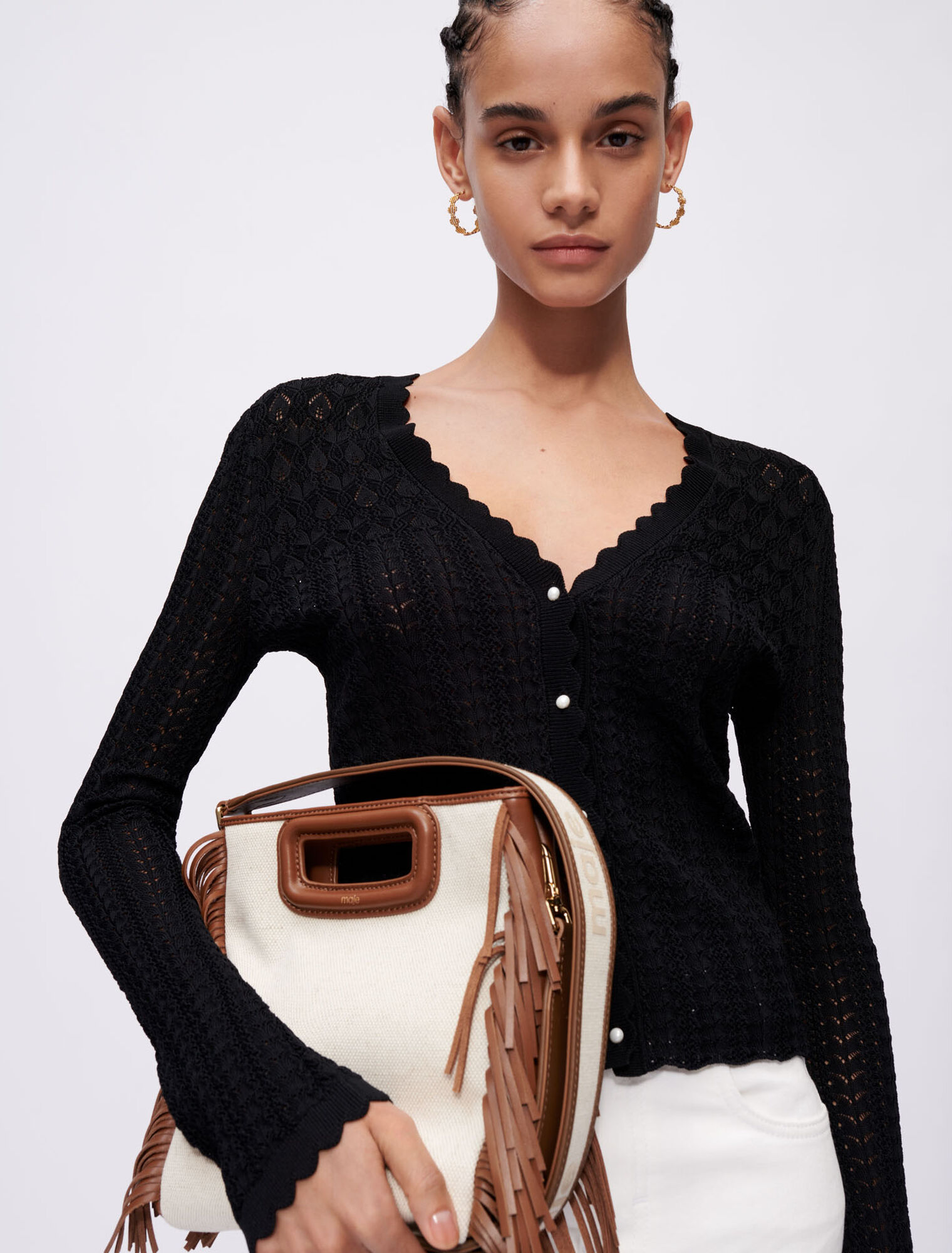 Leather and material mix M bag