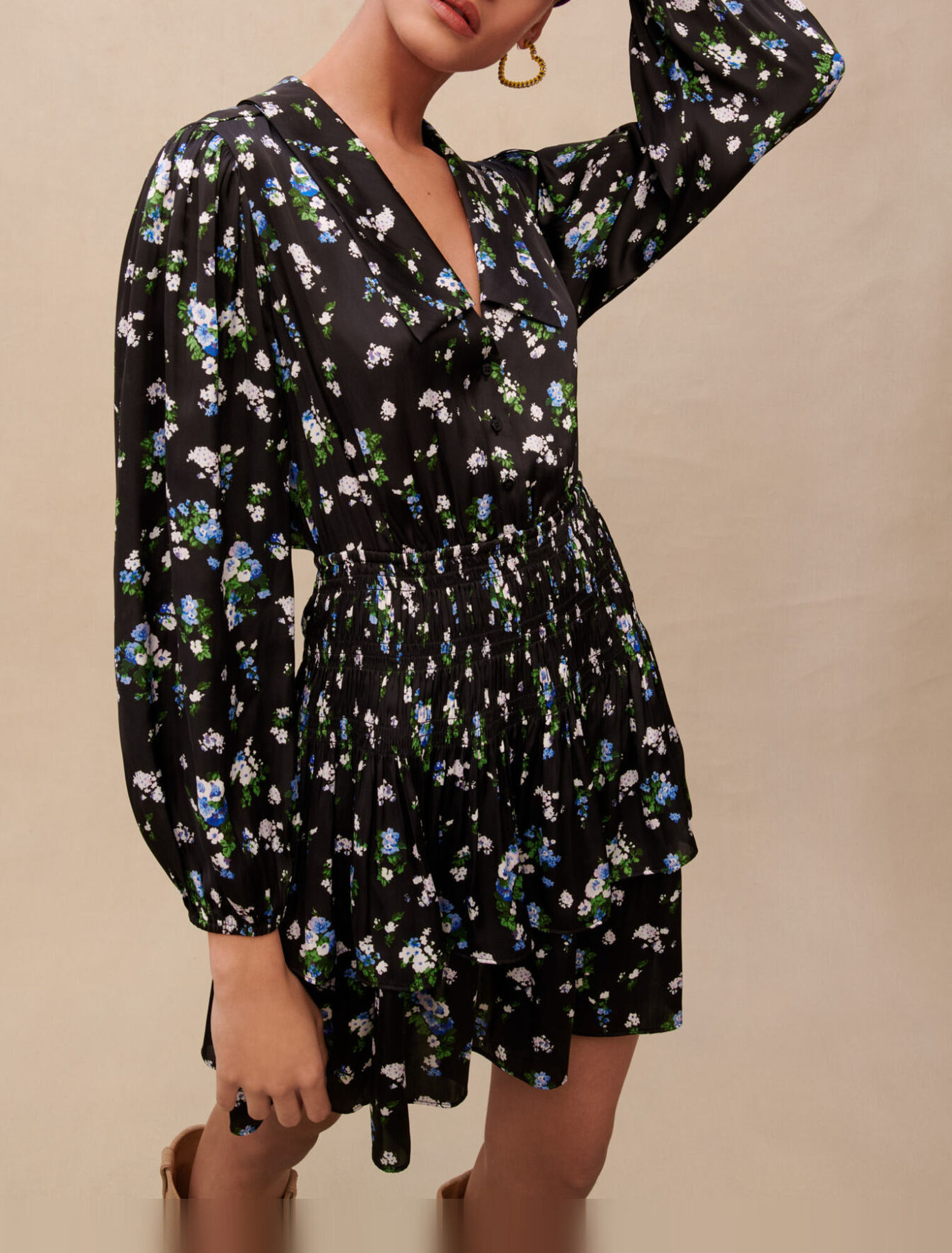 Smocked floral-print dress
