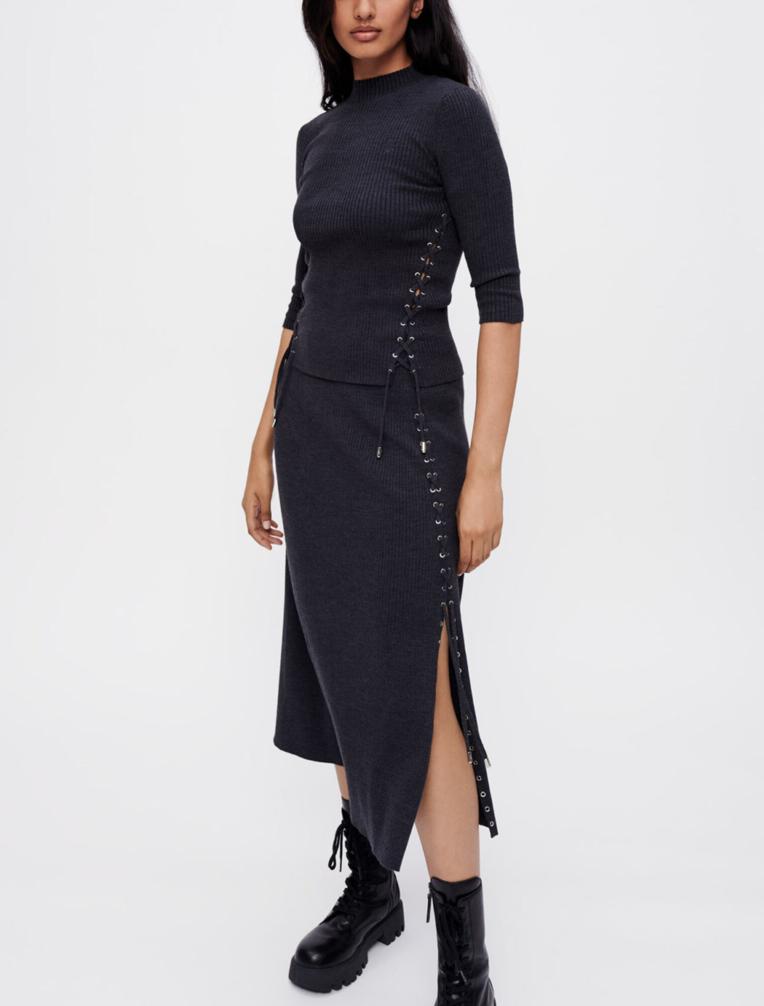 Midi skirt in silver eyelet knit
