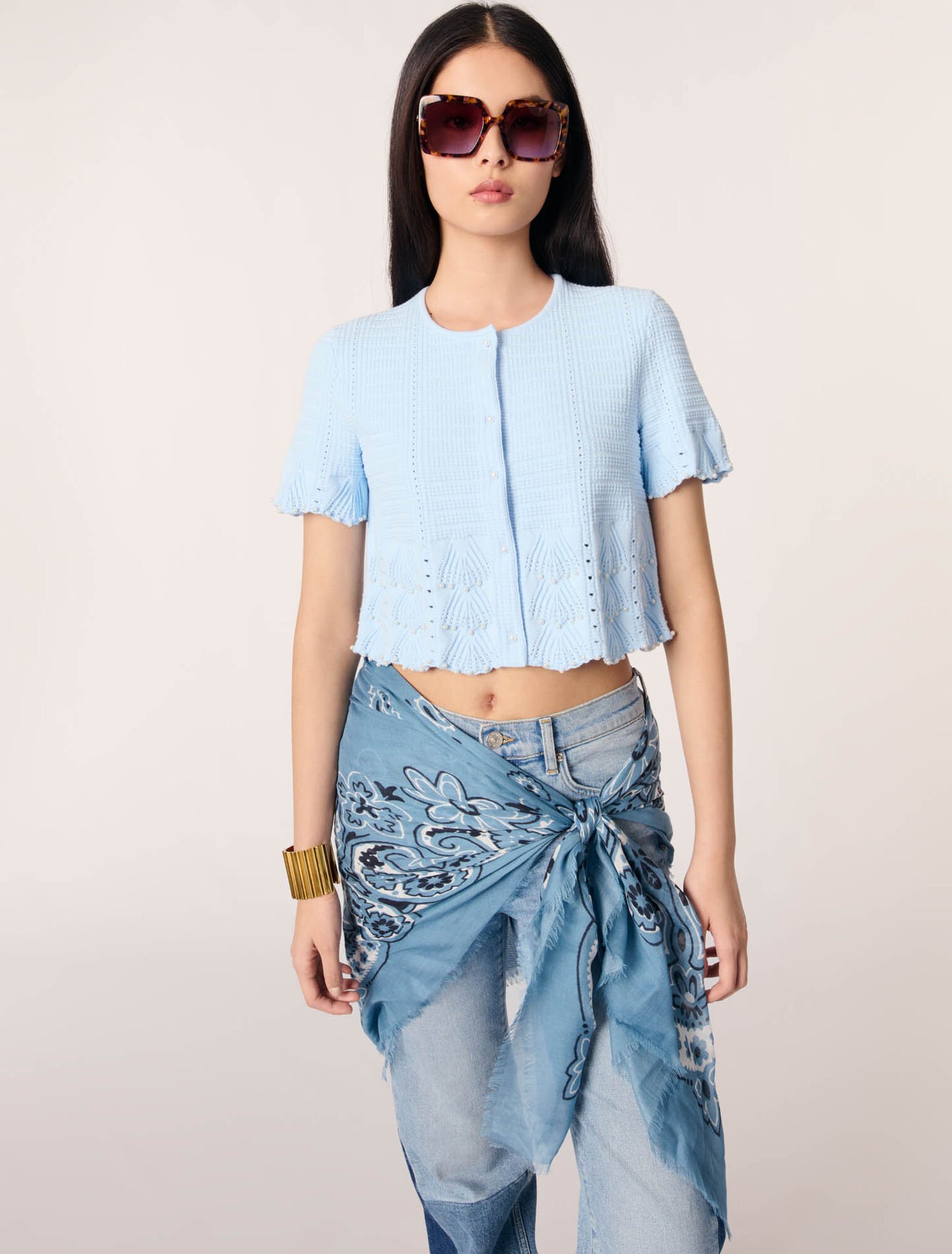 Pointelle knit short sleeve cardigan