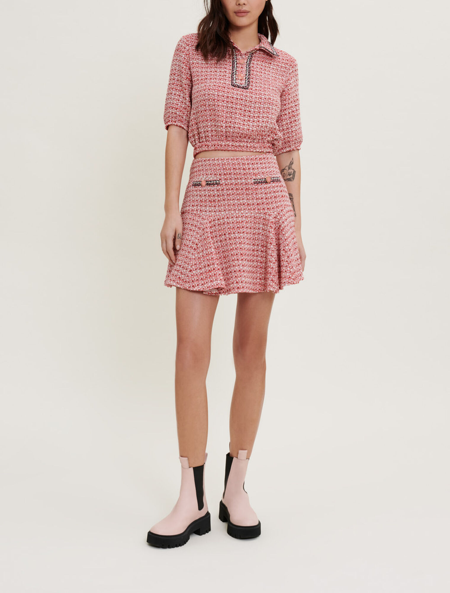 Ethnic trim tweed crop top