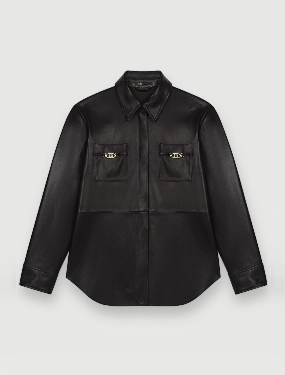 Black leather shirt with gold horsebits