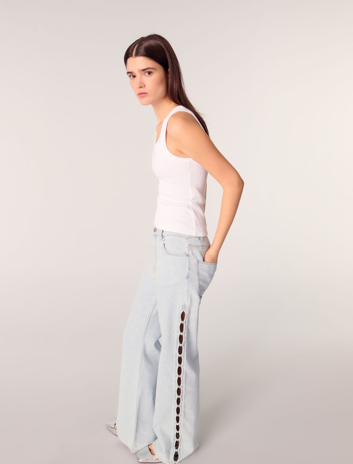 ★大人気商品★ For Blue jeans cutaway rhinestone Wide-leg Women Maje | 筆記具