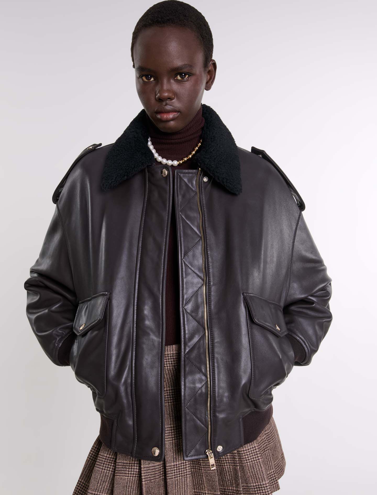Oversized leather jacket Brown For Women | Maje