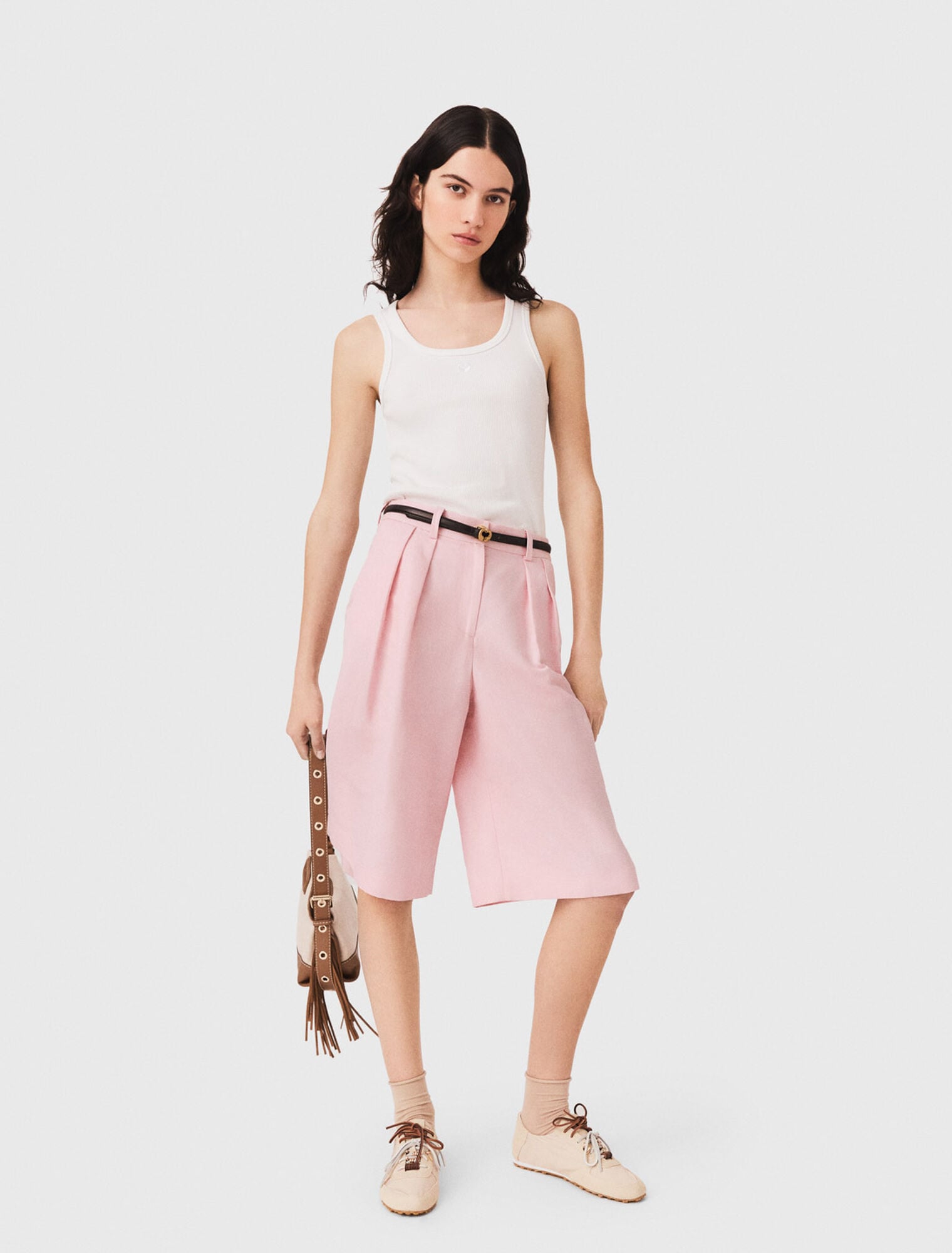 Pleated linen blend Bermuda shorts