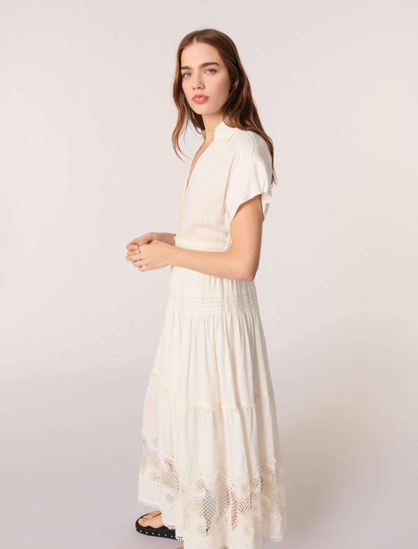 Embroidered ruffled maxi dress White For Women | Maje