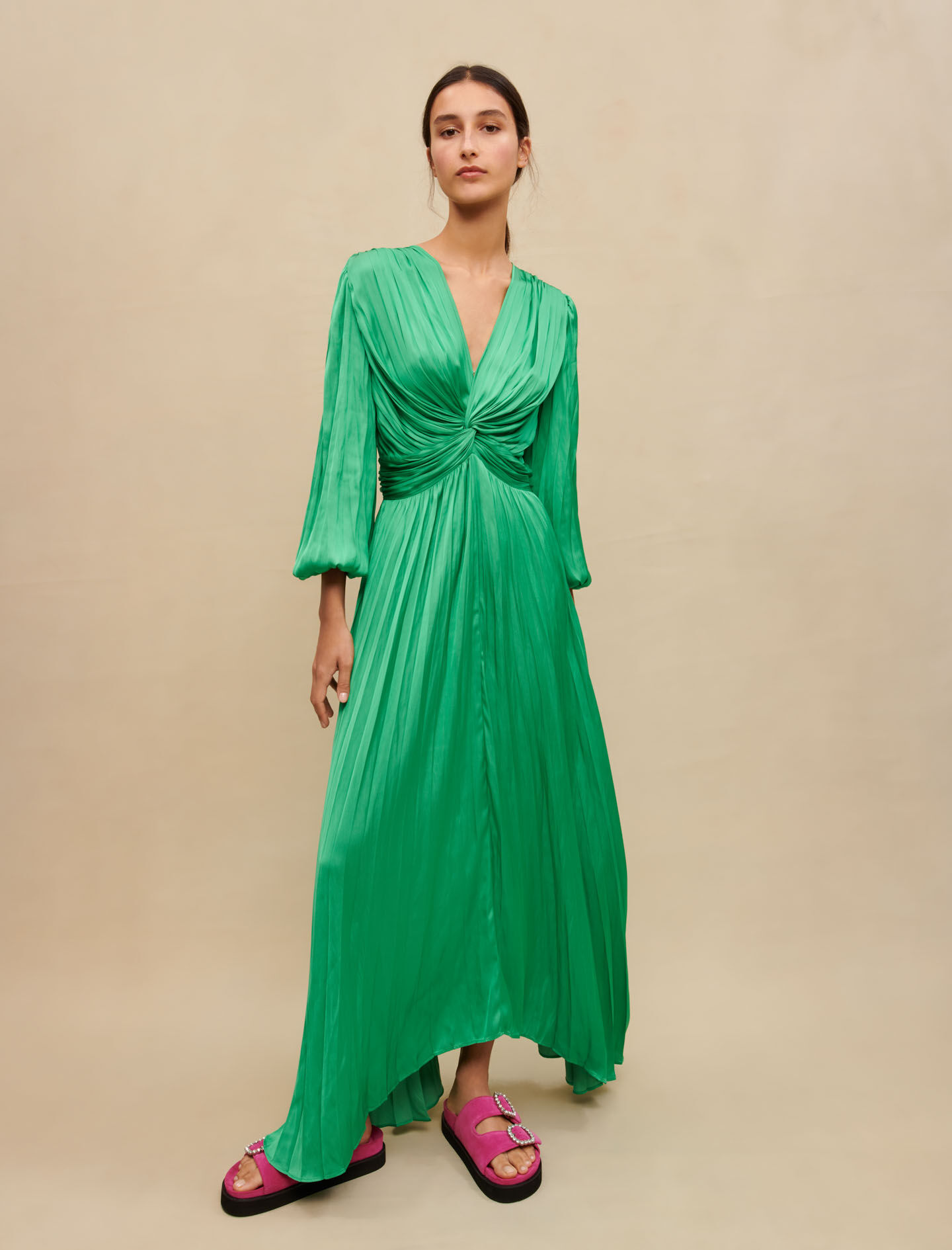 Long draped satiny dress