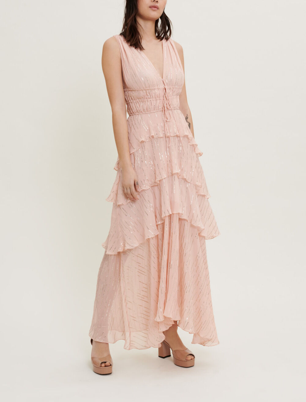 Silk and lame ruffle dress Pink For Women Maje