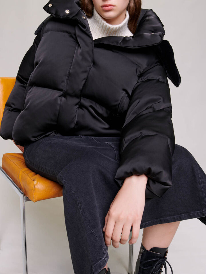 Short satiny quilted puffer jacket