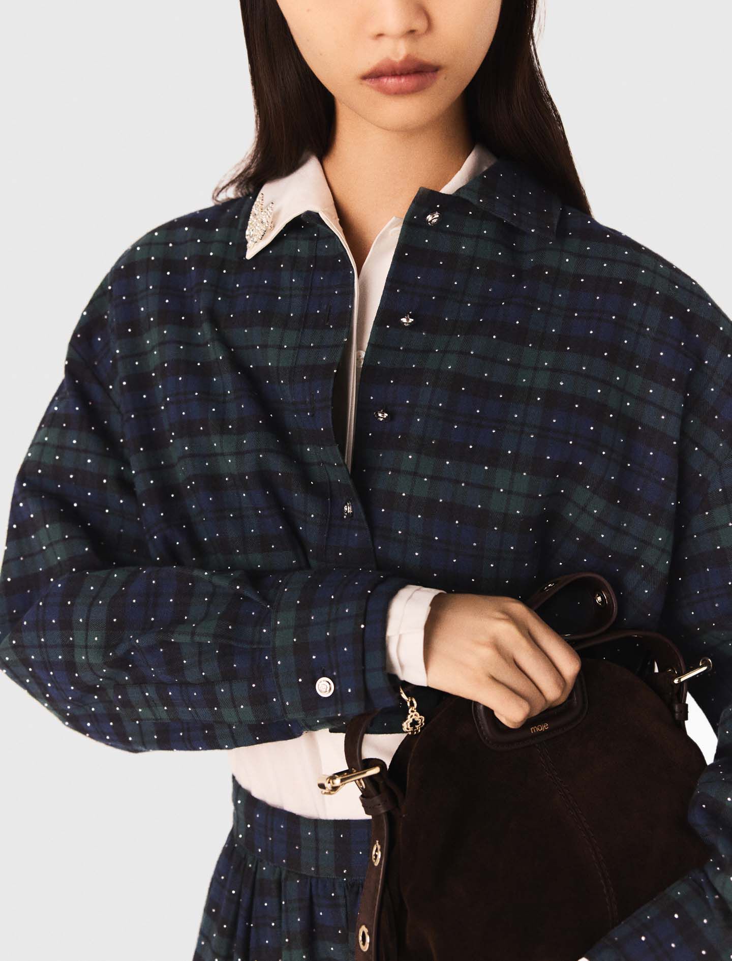 miemaページ Checked rhinestone cropped shirt Blue For Women | Maje