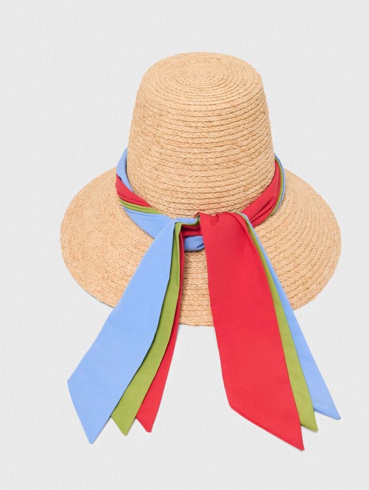 Raffia hat with printed ribbon