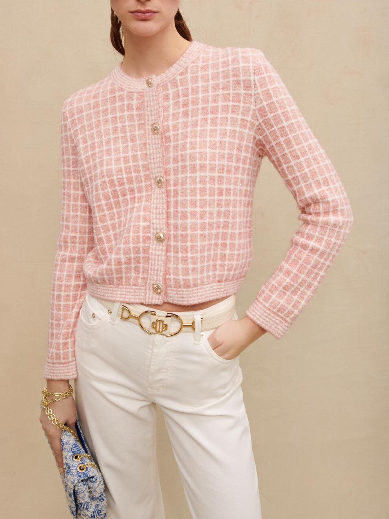 Tweed-style knit cardigan Pink For Women | Maje