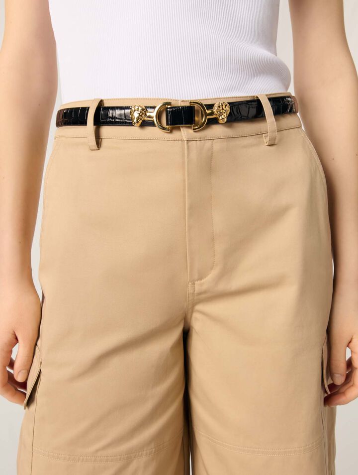 Thin leather belt with lion bit