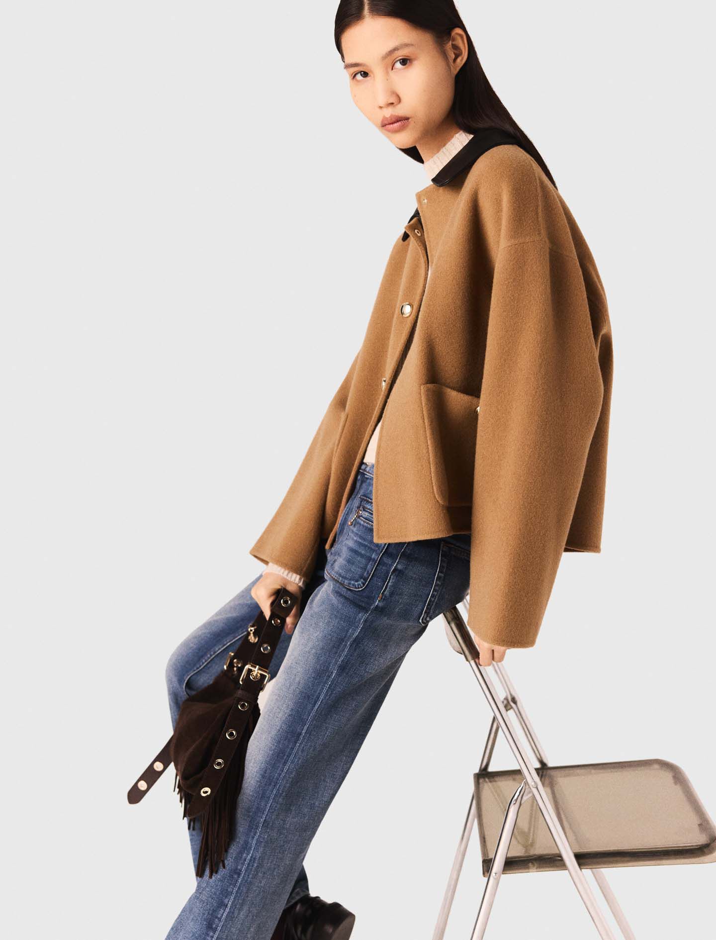Double-faced coat with leather Brown For Women | Maje