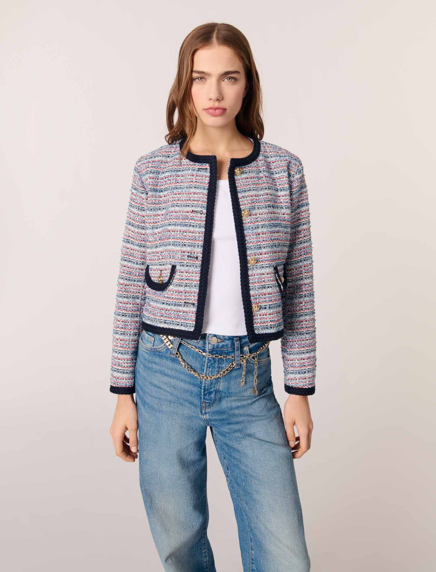 Belted shiny tweed jacket Black / Gray For Women | Maje