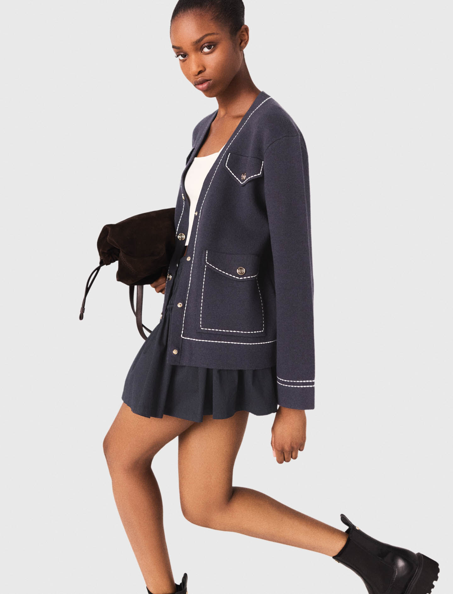 Long topstitched knit cardigan Blue For Women | Maje