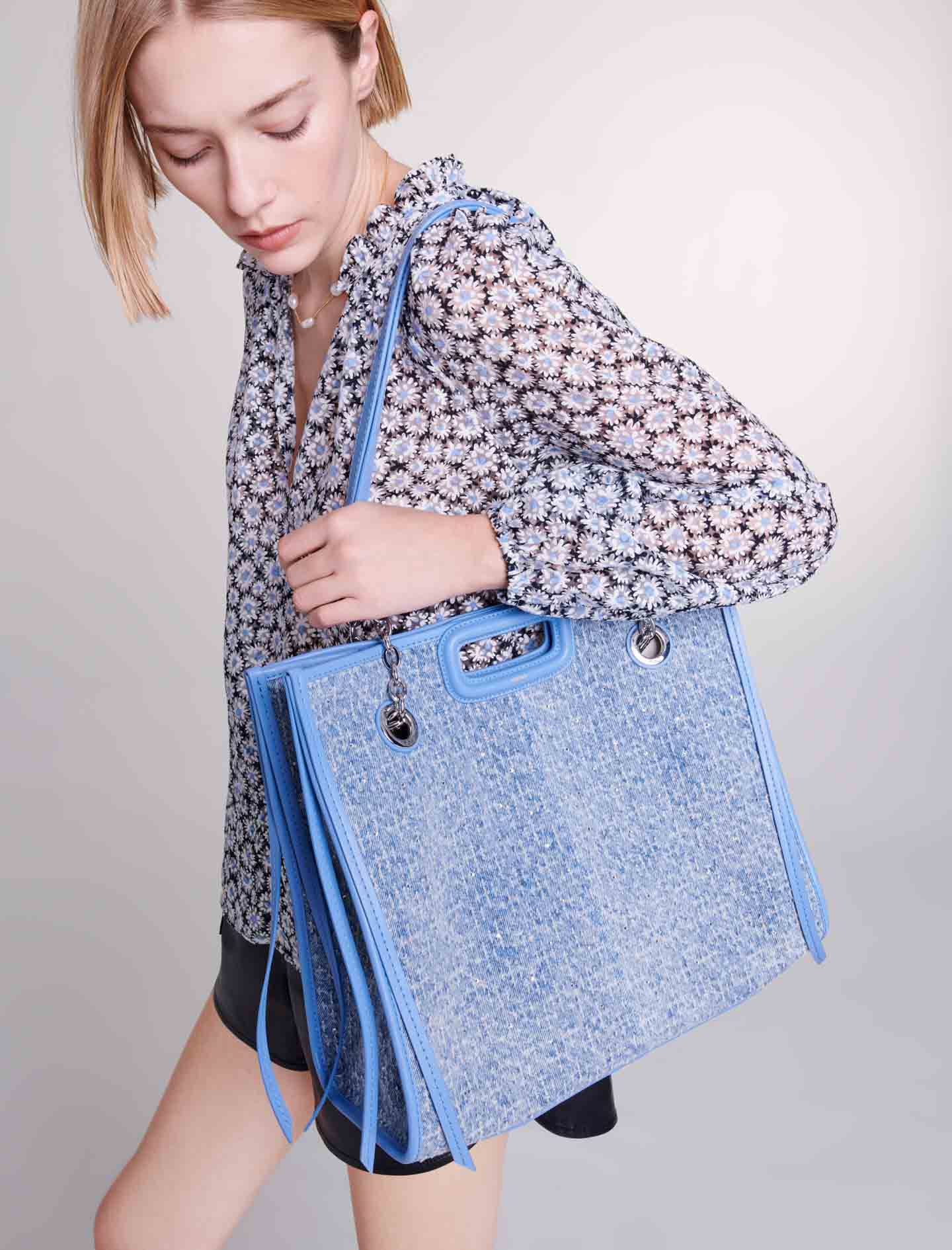 Denim and rhinestone tote bag