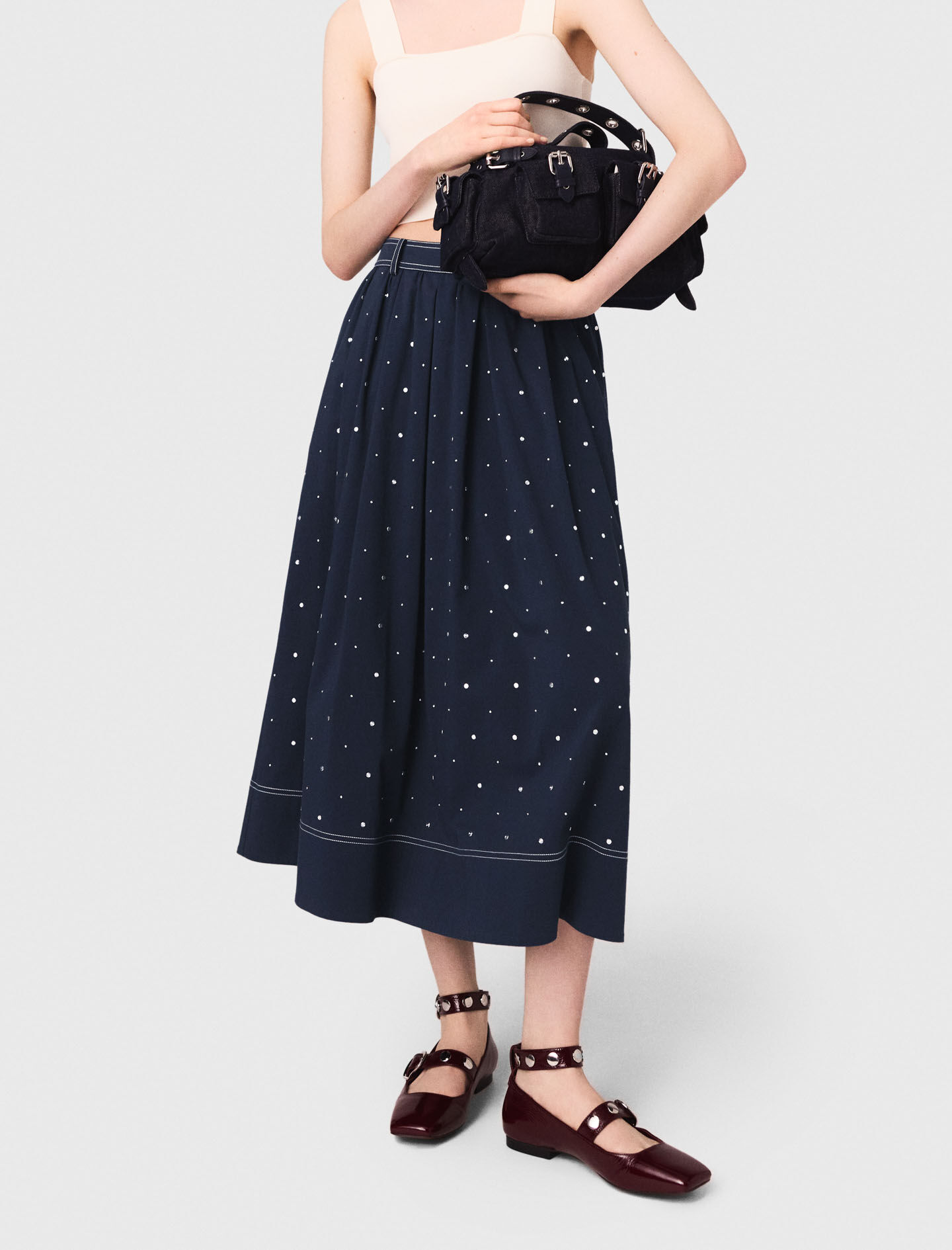 Long studded cotton skirt Blue For Women | Maje