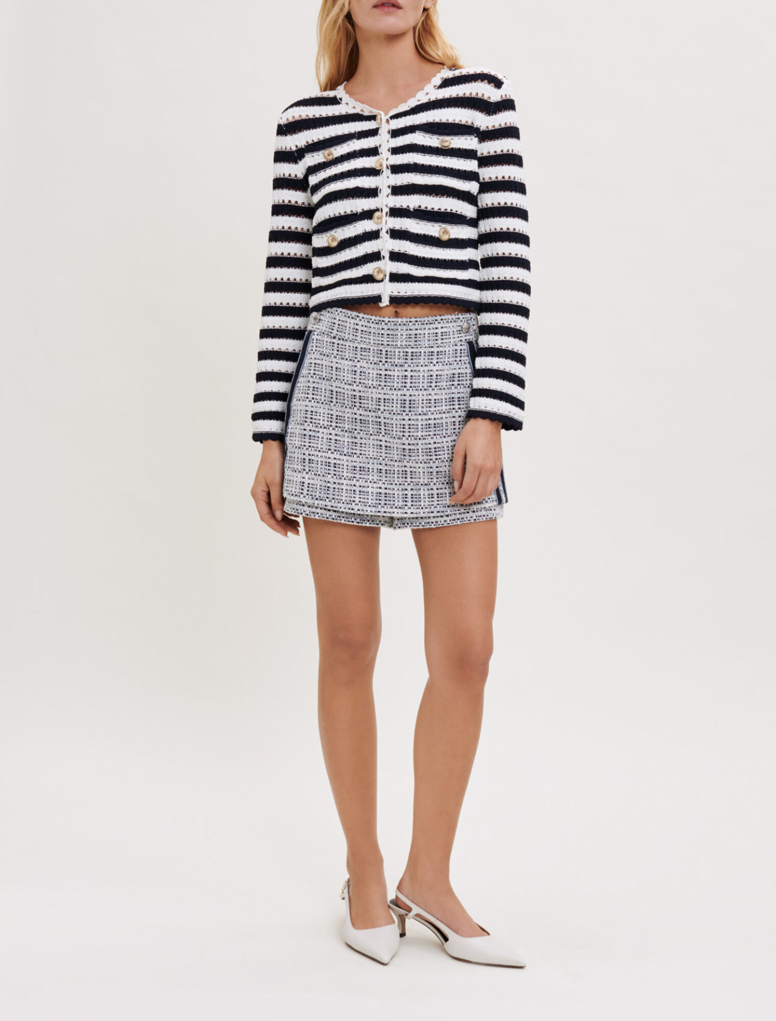 Striped crochet-effect cardigan