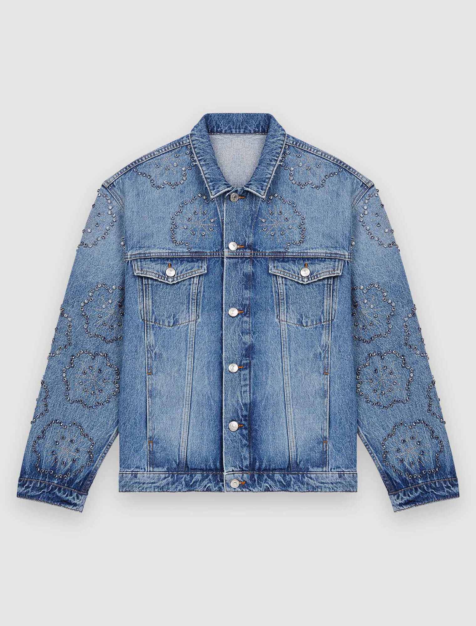 Wide denim jacket with rhinestones
