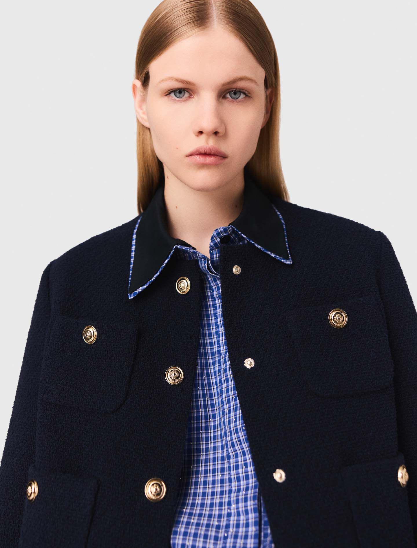 Cropped tweed jacket, removable collar Blue For Women | Maje