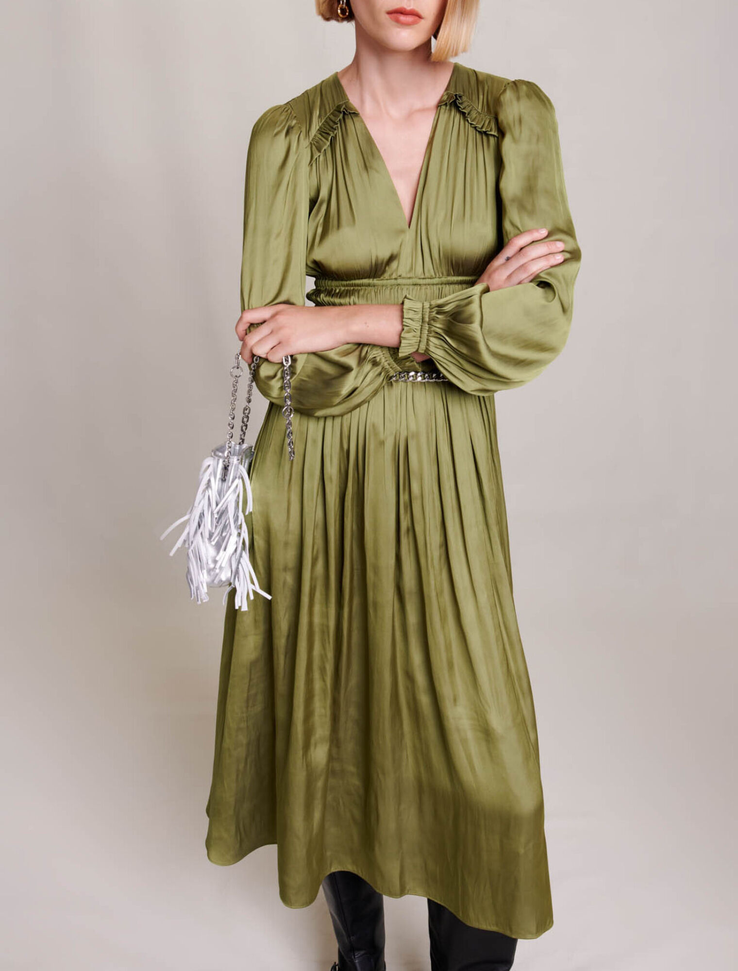 Satin-effect ruffled midi dress