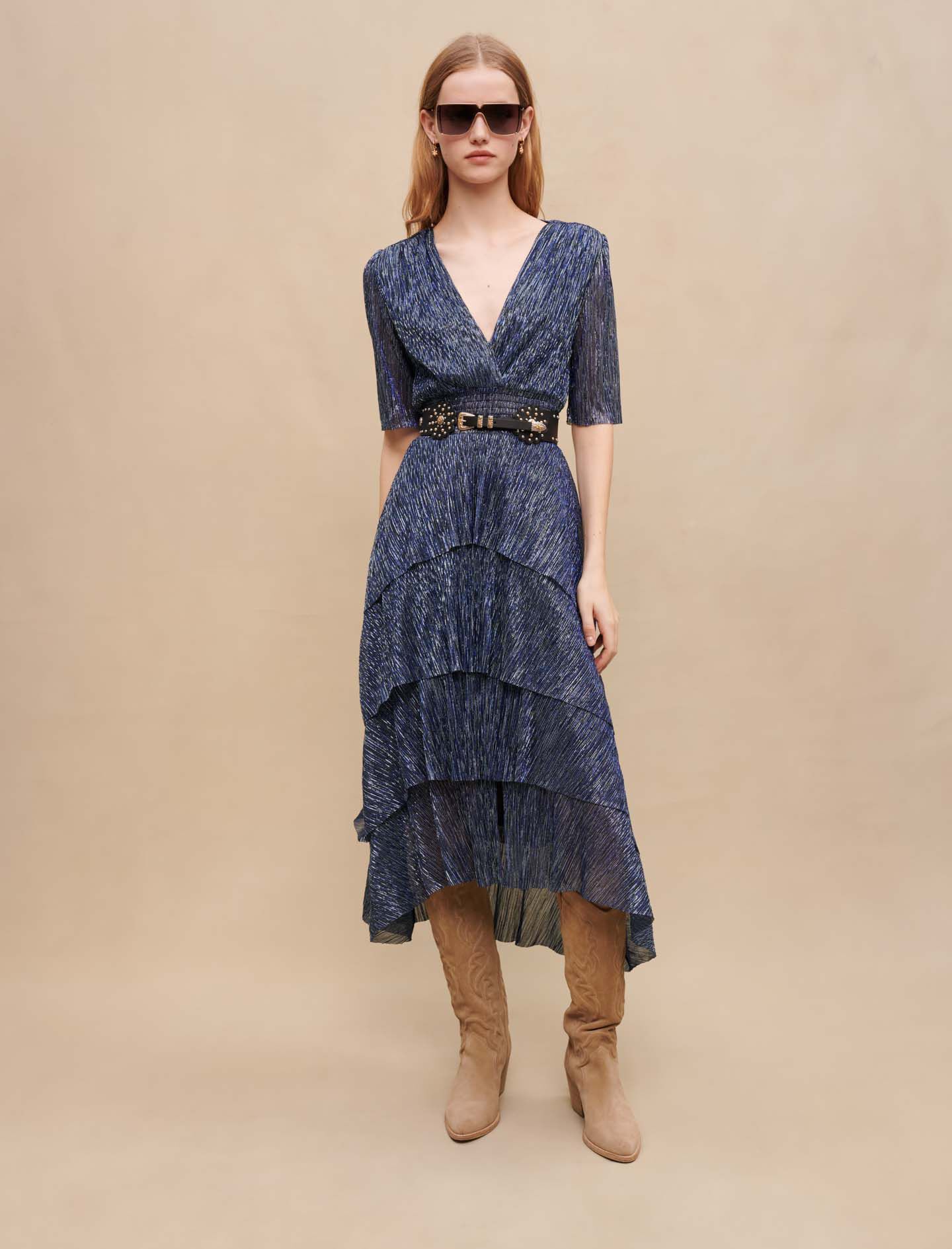 Stretch lurex ruffle dress Blue For Women Maje